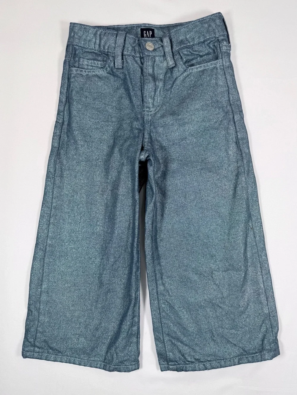GAP Girls Wide Leg‎ Jeans 6 Metallic Silver Shimmer Retro Glam Coquette Sparkle